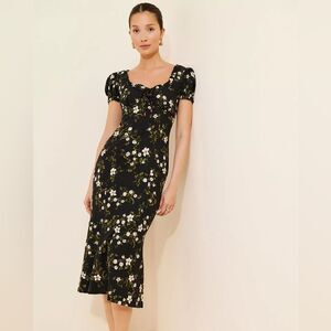 Anthropologie Maeve Linen Blend Puff-Sleeve Sweetheart Midi Dress NWT